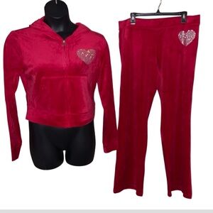JUICY COUTURE RED FLASH OG BLING HEART RHINESTONE VELOUR TRACKSUIT SWEATSUIT NWT